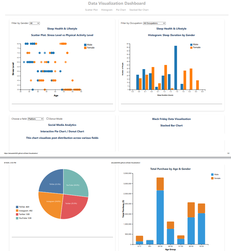 Interactive D3.js charts (scatter, histogram, pie) with filters
